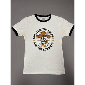 Rodeo Hippie Long Live Cowboys Skull Graphic Ringer T-Shirt White Mens Small
